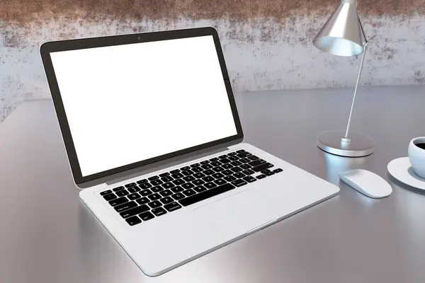Close up of modern grunge style workplace with blank white mock up laptop screen on desktop. 3D Rendering