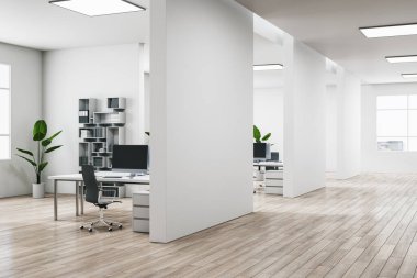 Modern beyaz ofis koridoru mobilyalarla, ekipmanlarla ve duvarlarla dolu. 3B Hazırlama