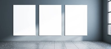 Boş beyaz pankartlı modern geniş beton oda duvarlara, pencerelere ve güneş ışığına sahte pankartlar asıyor. 3B Hazırlama