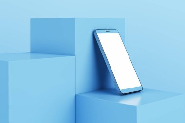 Geometrik blok kaidesindeki boş beyaz akıllı telefon mavi arka planda maket yeri ile birlikte. 3B Hazırlama