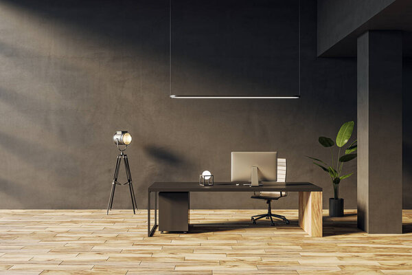Modern dark home office interior with furniture , wooden flooring and equipment, decorative plant. 3D Rendering