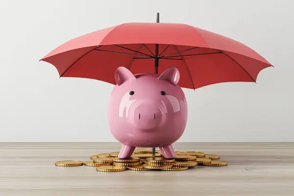 Pink piggy bank under a red umbrella atop golden coins. Financial security concept. 3D Rendering