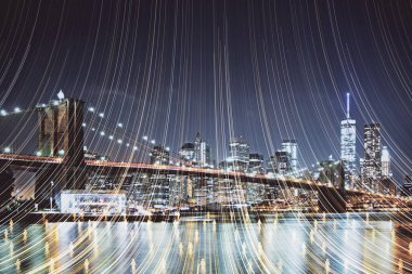 Yaratıcı gece şehri geçmişi üzerine soyut dijital nüfus hologramı. Siber veri ve yoğunluk kavramı. Çift pozlama