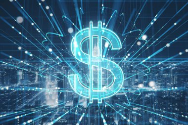 Creative glowing dollar hologram with metaverse lines on blurry blue city background. Money, online banking app, currency and finance concept. Double exposure clipart