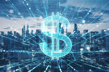 Creative glowing dollar hologram with metaverse lines on blurry blue city backdrop. Money, online banking app, currency and finance concept. Double exposure clipart