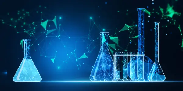 Wide blue scientific backdrop with low poly network and flasks. Genetic research. Genetic engineering. DNA genome. Modern medicine and biotechnology. Human cell biology. 3D Rendering