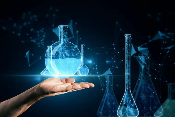 Close up of male hand holding glowing blue scientific low poly network and flasks on blurry background. Genetic research. Genetic engineering. DNA genome. Modern medicine and biotechnology. Human cell biology. 3D Rendering