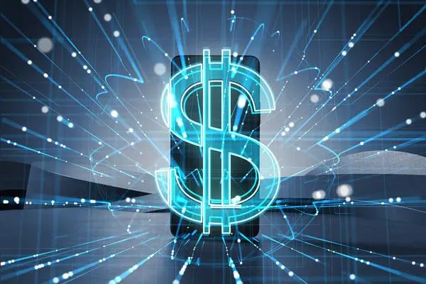 Close up of smartphone with creative glowing dollar hologram with metaverse lines on dark background. Money, online banking app, currency and finance concept. Double exposure