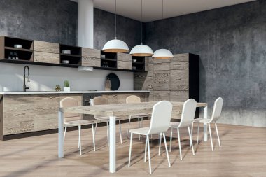 Modern stil ahşap ve beton mutfak iç mimarisi. 3B Hazırlama