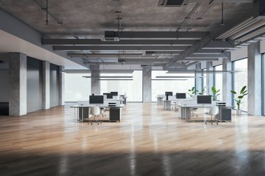 Ahşap döşeme, mobilya, pencere ve şehir manzaralı modern geniş ofis içi. 3B Hazırlama