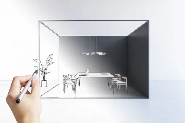 Modern hand drawn glass office box interior with concrete and black elements, furniture and equipment on light background. Workplace, commercial, law and legal concept