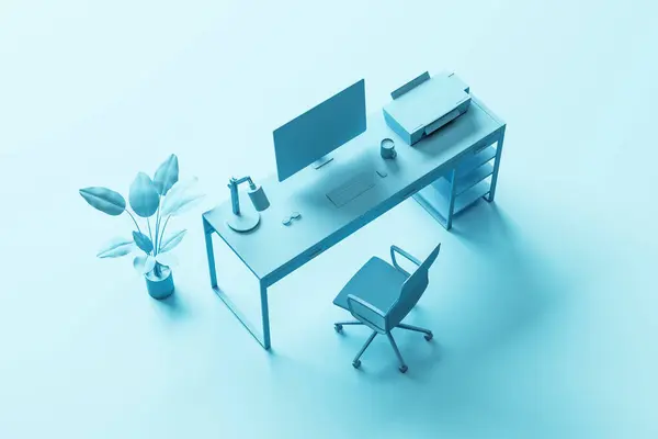 Creative blue minimalistic designer workspace with furniture, computer monitor and other items. 3D Rendering
