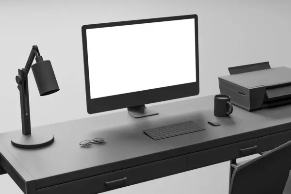 Close up of creative minimalistic designer workplace with furniture, empty white mock up computer monitor and other items. 3D Rendering