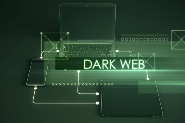 Bulanık arkaplandaki aygıtlar üzerine soyut koyu web metni. Hacker ve saldırı konsepti. Çift pozlama