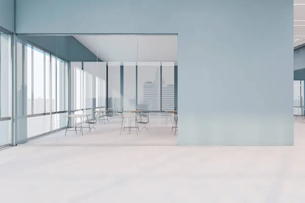 Moderno Espacioso Interior Oficina Azul Con Lugar Maqueta Vacío Pared —  Fotos de Stock
