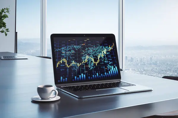 Close up of workplace with creative forex chart with candlestick graph, index and tech hologram on laptop screen, coffee cup on office background with window and blurry city view. Trade, stock, and finance concept. 3D Rendering
