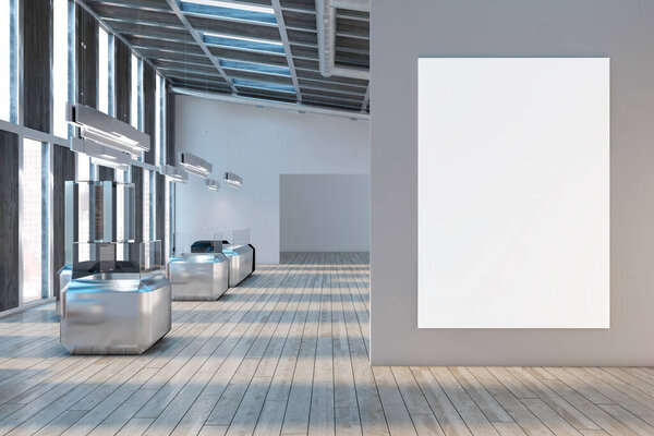 Modern concrete and wooden exhibition hall interior with empty white mock up poster, sunlight, showcases and numerous windows with city view. 3D Rendering