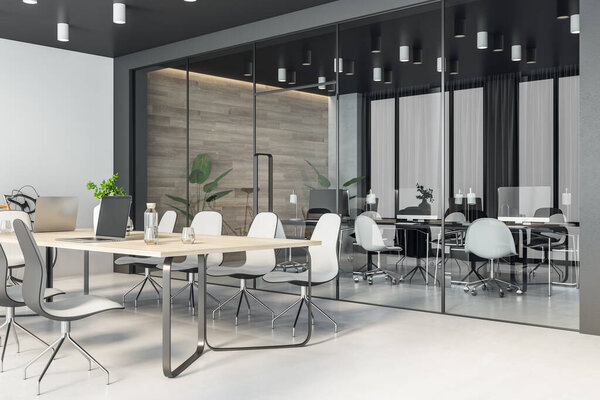 Perspective view on stylish wooden conference table surrounded by white chairs in spacious office with glass partitions, white wall and light glossy floor. 3D rendering