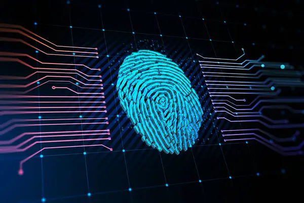 Biometrische Identificatie Concept Met Blauwe Digitale Grafische Vingerafdruk Tussen Circuitlijnen — Stockfoto