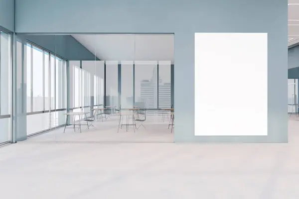 Moderno Espacioso Interior Oficina Azul Con Cartel Maqueta Vacía Encima —  Fotos de Stock