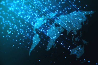 Koyu mavi arkaplanda yaratıcı harita hologramı. Dijital dünya ve uluslararası iletişim konsepti. 3B Hazırlama