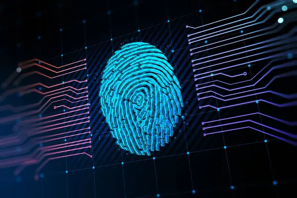 Digitale Beveiliging Biometrische Identificatie Concept Met Blauwe Grafische Vingerafdruk Tussen — Stockfoto