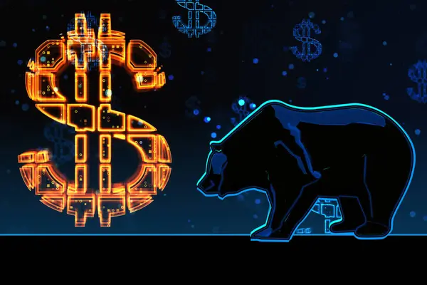 Bearish market and downtrend concept with digital yellow glowing dollar sign and bear symbol on dark background. 3D rendering