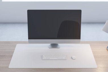 Boş bilgisayar monitörüyle ahşap ofis masasını kapat ve bulanık arkaplanda lamba ve klavye olsun. 3B Hazırlama