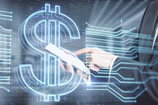 stock image Close up of businessman hand pointing at cellphone with glowing dollar hologram on blurry office interior background. Money, banking app and finance concept. Double exposure