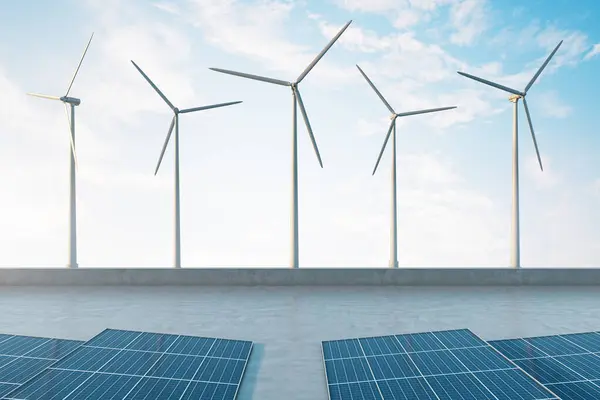 風力発電所のフロントビューと 青空を背景とした太陽光発電パネルの再生可能エネルギーとエココン 3Dレンダリング — ストック写真