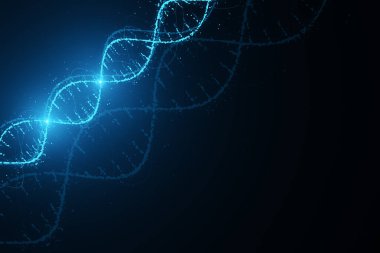 Koyu mavi siber uzay arka planında, neon mavisi iplikçikler halinde soyut DNA iplikleri, dijital teknoloji konsepti. 3B Hazırlama