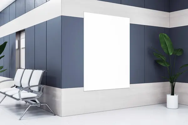 Minimalist office waiting area with a blank white poster on dark blue wall. 3D Rendering