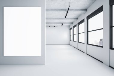 Modern ferah beyaz beton galerinin içi boş pankartı duvarda, pencerelerde ve şehir manzarasında. 3B Hazırlama