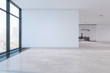 Modern toplantı salonu koridoru cam duvarlı, şehir manzaralı pencere ve boş bir yer. 3B Hazırlama