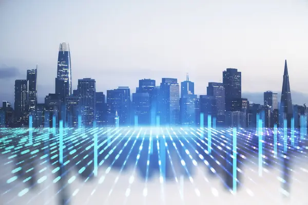 Świecąca Panorama Miasta Abstrakcyjną Metawersalną Fakturą Cyfrowa Przyszłość Koncepcja Cyberpunku — Zdjęcie stockowe