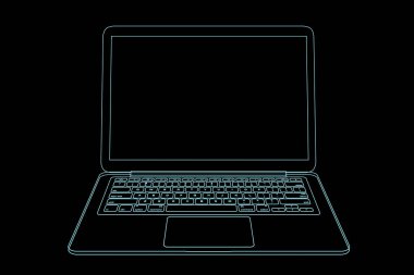 Siyah arkaplanda izole edilmiş dijital, ışıltılı kablo dizüstü bilgisayar çizimi. 3B görüntüleme
