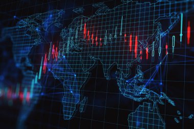 Küresel ve ön-pazar kavramı, soyut karanlık teknolojik arka planda dünya haritası ile birlikte şamdan yetiştiren dijital finans grafiği. 3B görüntüleme