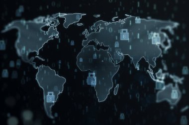 Dünya haritasında dijital kapalı daire kilitleri olan küresel güvenlik ve ağ koruma kavramı karanlık arka planda yer alır. 3B görüntüleme