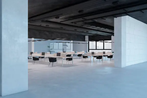 Moderno Grunge Oscuro Coworking Interior Oficina Con Vista Ciudad Muebles —  Fotos de Stock
