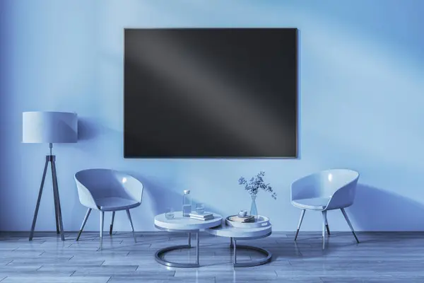 Contemporary blue living room interior with furniture and empty black mock up poster. Mock up, 3D Rendering