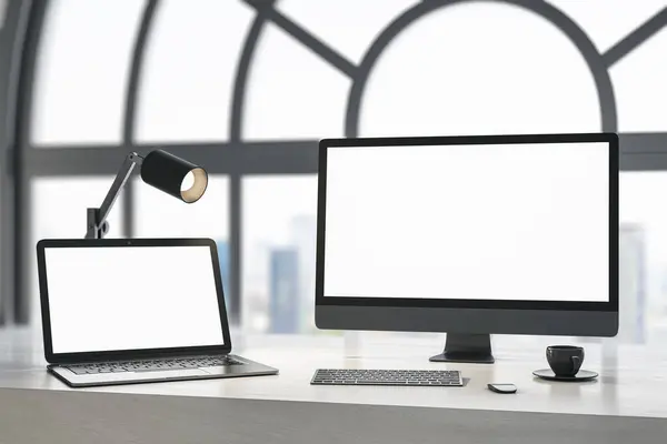 Close up of daylight designer desktop with blank white laptop computer screens, coffee cup and keyboard on wooden desktop and window with city view background. Mock up, 3D Rendering