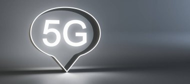 Geniş gri arka planda modern 5G kabarcığı. Hızlı internet hızı ve teknoloji kavramı. 3B Hazırlama