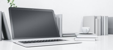 Boş bilgisayar monitörü, kahve fincanı ve kitapları olan çağdaş beyaz tasarımcı masaüstü. 3B Hazırlama
