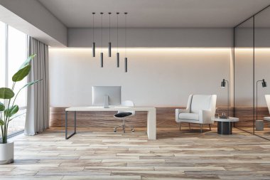 Ahşap döşeme, mobilya, ekipman ve şehir manzaralı pencereli modern beton ofis içi. 3B Hazırlama