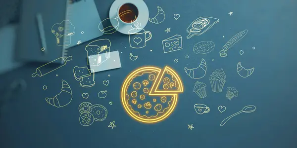 Creative glowing food sketch on top of table with coffee cup and supplies. Online food delivery order concept. 3D Rendering