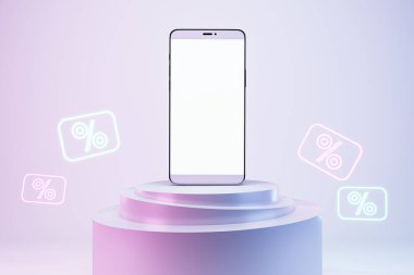 Yaratıcı pembe ürün üzerinde beyaz ekran cep telefonu ışık arka planında parlayan yüzde işaretleriyle birlikte. Promosyon satışı, sunum ve gösteri konsepti. Modifiye et, 3B Hazırlama
