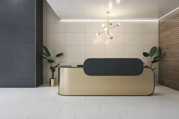 Front view on golden color reception desk with blank black space for your logo or text in stylish lobby area with wooden, dark and ceramic tiles wall background. 3D rendering, mockup