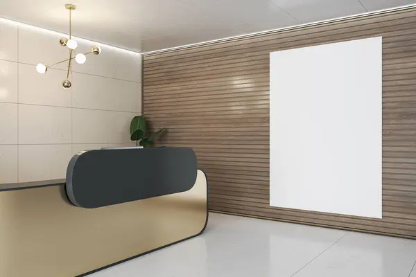 Perspective view on blank white poster with place for your logo on slatted wooden wall in spacious reception area hall with golden desk, glossy floor and light wall background. 3D rendering, mockup