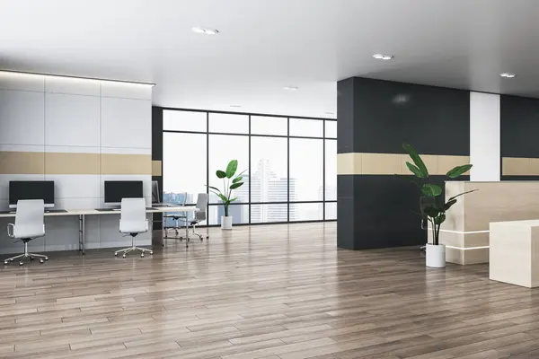 Bright office lobby interior with furniture, reception desk, window with city view and wooden flooring. 3D Rendering