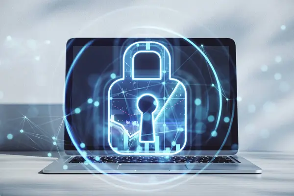 Network connection security and privacy protection concept with digital pad lock symbol in a circle on modern laptop background. Double exposure
